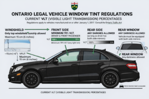 A diagram illustrating the legal window tint percentages for different windows on a car in Ontario