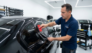 A professional auto technician carefully squeegeeing a high-quality Car Window Tinting in Toronto