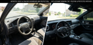 A split image showing the faded cracked dashboard of a non-tinted car versus the pristine interior of a car with window tint