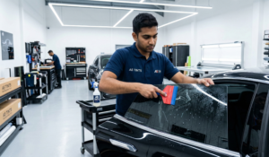 A technician from A5 Tints carefully applying a professional tint to a car window in a clean, well-lit workshop