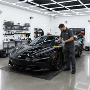 A technician preparing a car for ceramic coating in Toronto