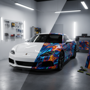 A clear comparison of a car before and after wrapping.