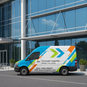 A delivery van with a bold logo and contact details.