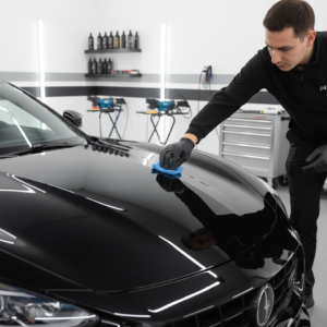 Close-up of a professional applying ceramic coating