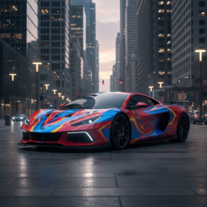 A vibrant and unique design on a sleek sports car.
