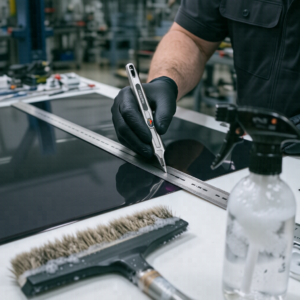 Automotive window tint film being prepared for installation