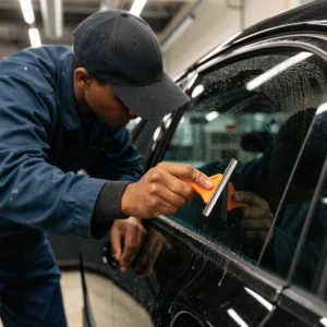 Professional window tint installation on a car