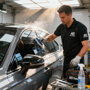 Professional window tinting in Oshawa being installed on a car